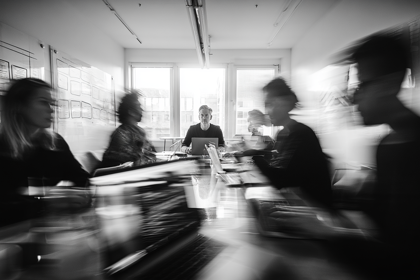 A black-and-white motion-blurred photograph of a small team working around a conference table with whiteboards in the background — representing organized AI team collaboration.